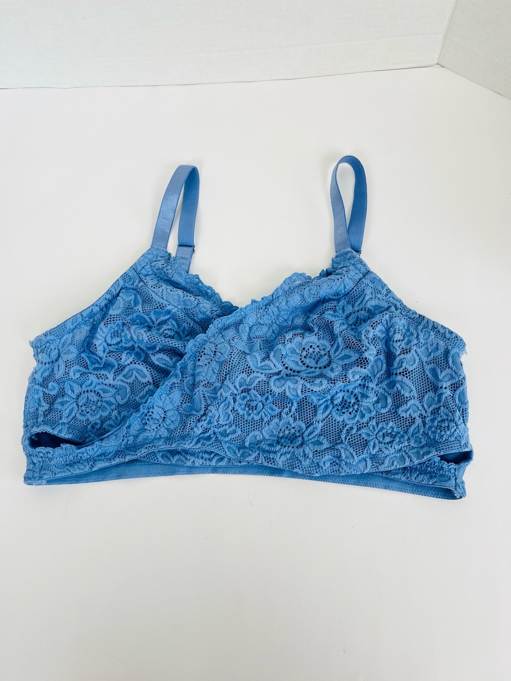 Adored by Adore Me periwinkle blue stretch lace cross front bralette, 2X.